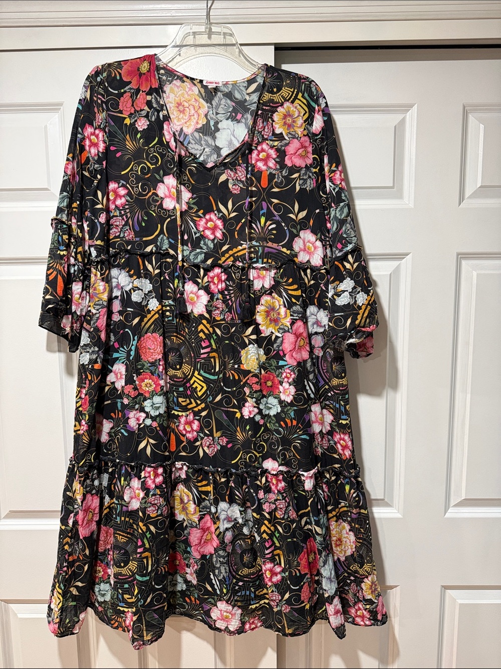 Johnny Was Black Floral Tiered Midi Dress with Pink & Yellow Blooms